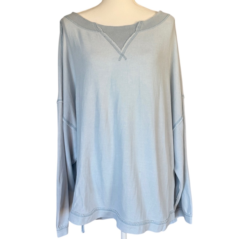 Free Movement Rugby Match Light Blue V Neck Long Sleeve Top Womens Relaxed Fit L